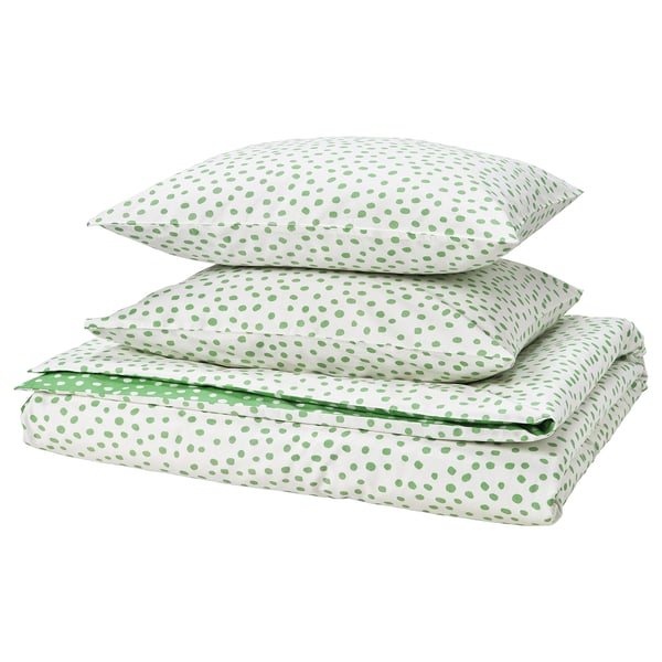 BJÖRKGRÅMAL Funda plumón con 2 fundas almohada, verde blanco/lunares, 240x220/50x60 cm