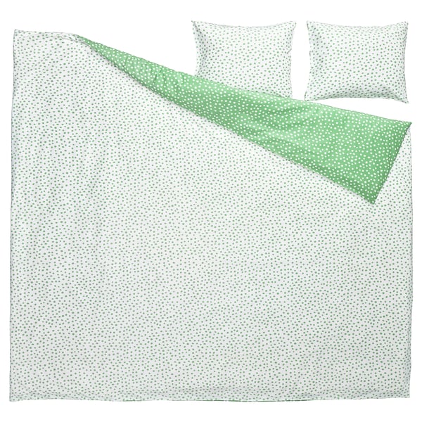 BJÖRKGRÅMAL Funda plumón con 2 fundas almohada, verde blanco/lunares, 240x220/50x60 cm