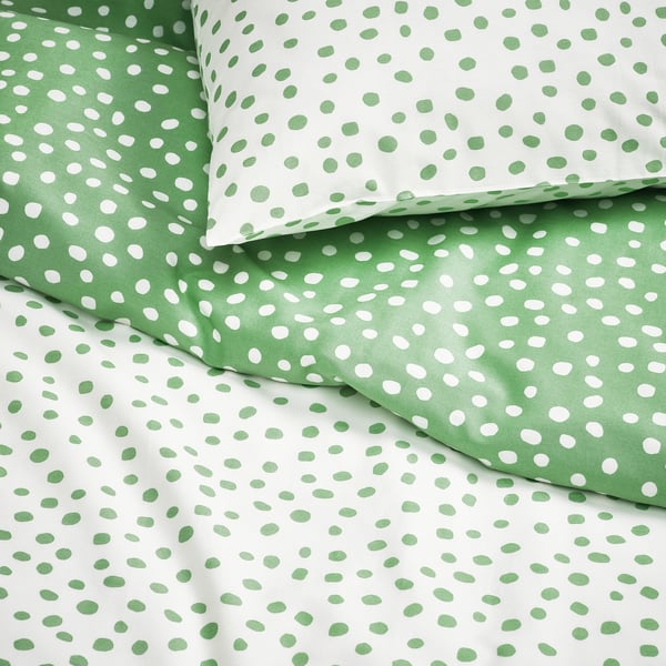 BJÖRKGRÅMAL Funda plumón con 2 fundas almohada, verde blanco/lunares, 240x220/50x60 cm
