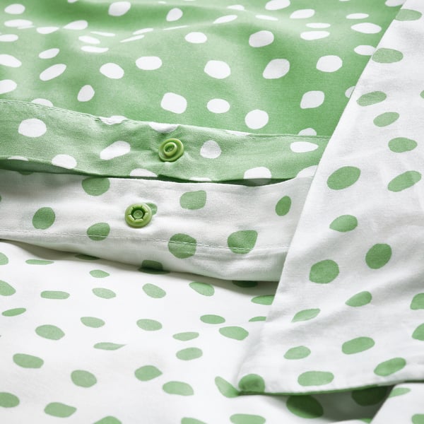 BJÖRKGRÅMAL Funda plumón con funda almohada, verde blanco/lunares, 150x200/50x60 cm