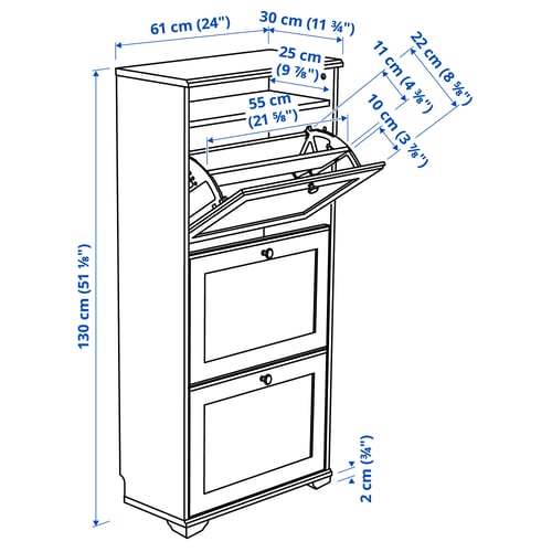 BRUSALI Zapatero con 3 compartimientos, blanco, 61x30x130 cm