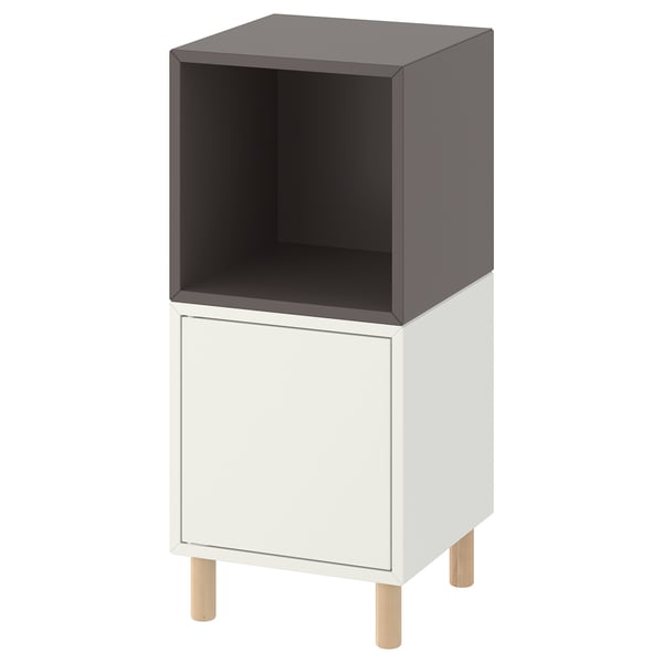 EKET Combinación almacenaje con patas, blanco Gris oscuro/madera, 35x35x80 cm