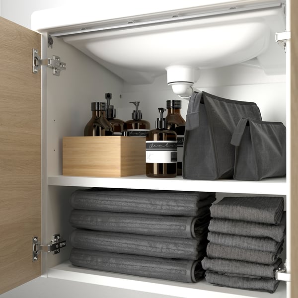ENHET / TVÄLLEN Mueble con puertas lavamanos/grifo, blanco/efecto roble, 64x43x65 cm