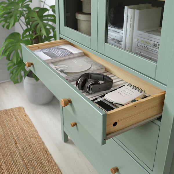 HEMNES Vitrina con 3 cajones, menta grisáceo/café, 90x197 cm