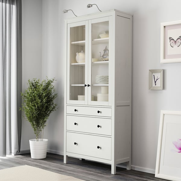 HEMNES Vitrina con 3 cajones, tinte blanco, 90x197 cm