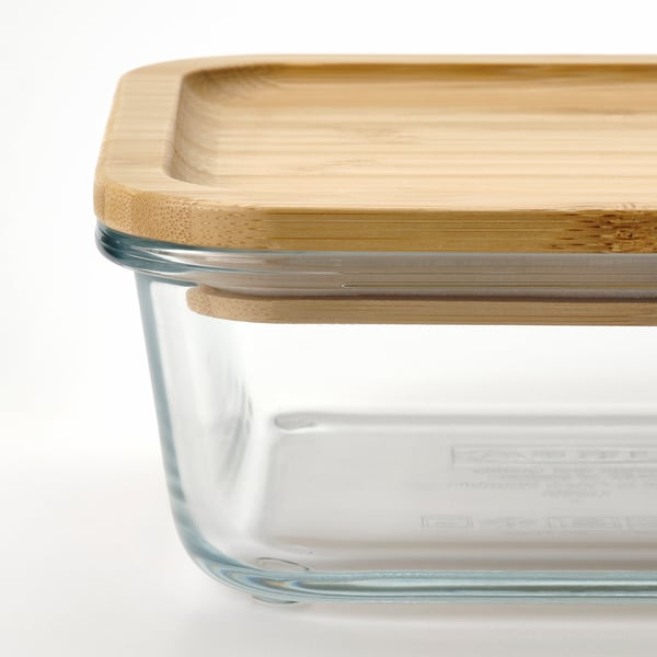 IKEA 365+ Contenedor de alimentos con tapa, cuadrado vidrio/bambú, 600 ml
