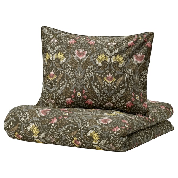 KÄRRDUNÖRT Funda plumón con funda almohada, verde oscuro/multicolor, 150x200/50x60 cm