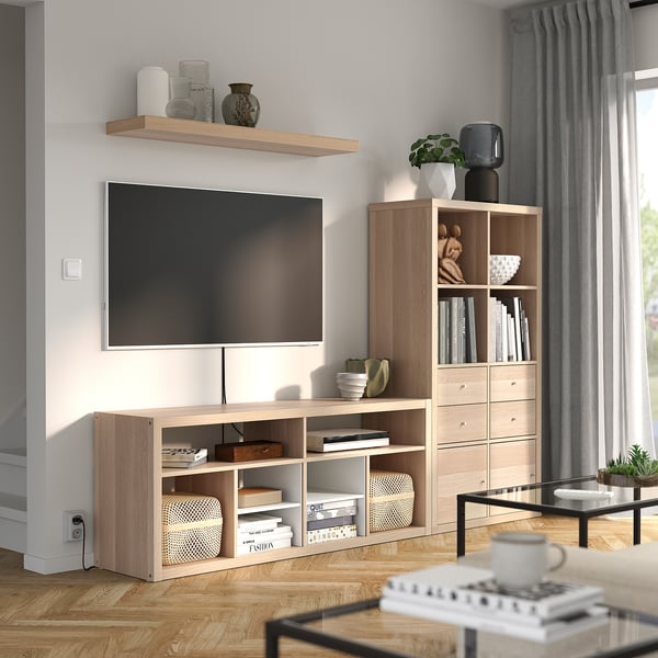 KALLAX / LACK Rack de TV, efecto roble tinte blanco, 224x39x147 cm
