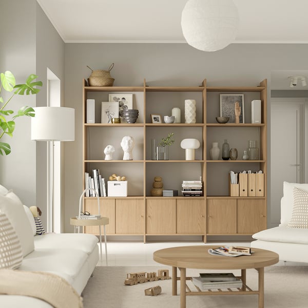 LÅDMAKARE Mueble con puertas correderas, con 9 estantes/efecto roble, 238x35x212 cm