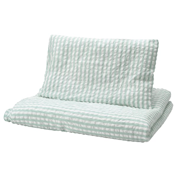 LEN Funda plumón y funda almohada cuna, blanco azul/diseño rayas Sirsaca, 110x125/35x55 cm