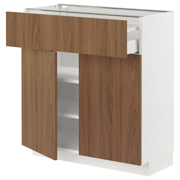 METOD / MAXIMERA Mueble base, 1 cajón, blanco/Tistorp efecto nogal café, 80x37 cm