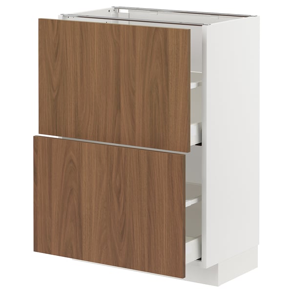 METOD / MAXIMERA Mueble base, 2 cajones, blanco/Tistorp efecto nogal café, 60x37 cm