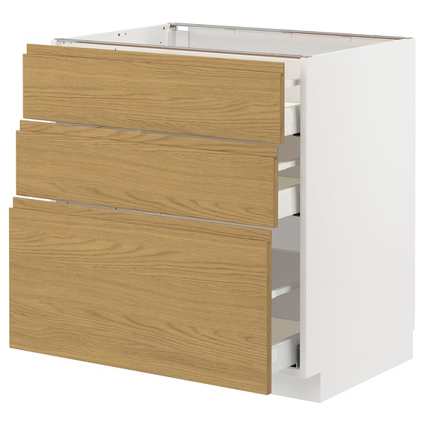 METOD / MAXIMERA Mueble base, 3 cajones, blanco/Voxtorp efecto roble, 80x60 cm