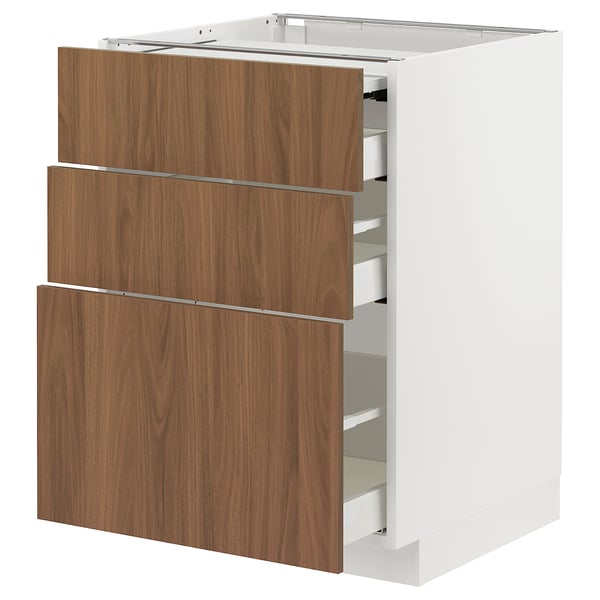 METOD / MAXIMERA Mueble base con 3 cajones, blanco/Tistorp efecto nogal café, 60x60 cm