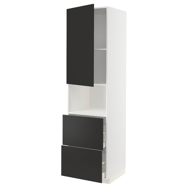 METOD / MAXIMERA Mueble para microondas empotrado, blanco/Nickebo Gris oscuro mate, 60x60x220 cm