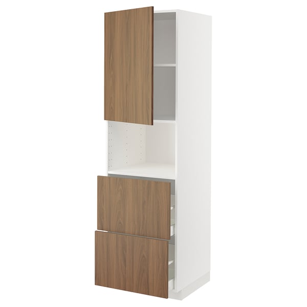METOD / MAXIMERA Mueble para microondas empotrado, blanco/Tistorp efecto nogal café, 60x60x200 cm