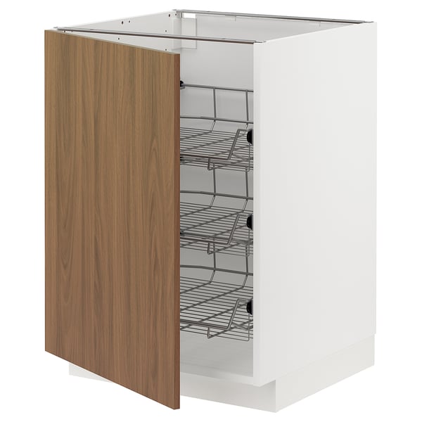 METOD Mueble base 3 canastos extraíbles, blanco/Tistorp efecto nogal café, 60x60 cm
