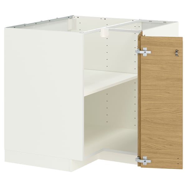 METOD Mueble base esquinero con repisa, blanco/Voxtorp efecto roble, 88x88 cm