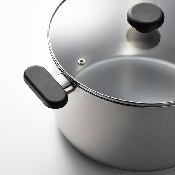 MIDDAGSMAT Olla con tapa, vidrio incoloro/acero inoxidable, 10 l