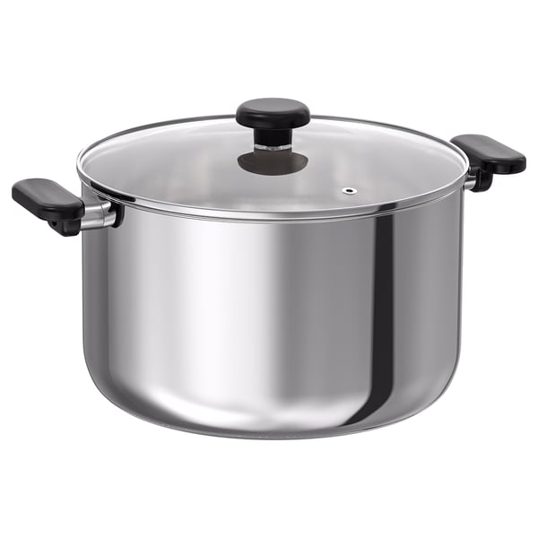 MIDDAGSMAT Olla con tapa, vidrio incoloro/acero inoxidable, 10 l