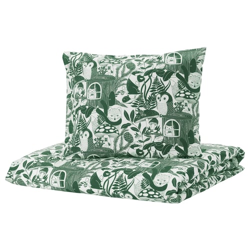 SKOGSDUVA Funda plumón con funda almohada, blanco verde/bosque, 150x200/50x60 cm