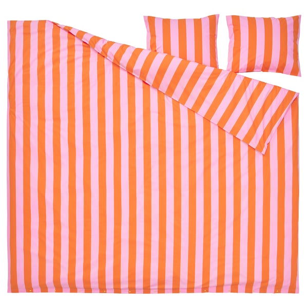 SLÅNHÖSTMAL Funda plumón con 2 fundas almohada, Naranjo/rosado/rayas, 240x220/50x60 cm