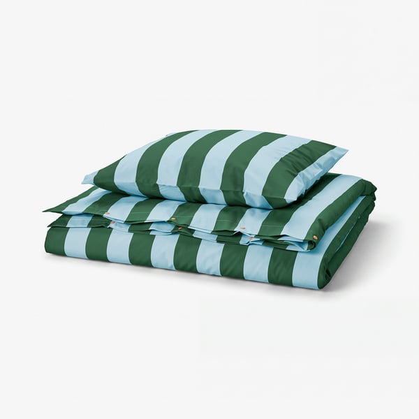 SLÅNHÖSTMAL Funda plumón con funda almohada, azul costeño verde oscuro/raya, 150x200/50x60 cm