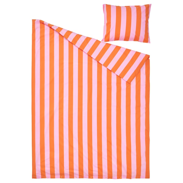SLÅNHÖSTMAL Funda plumón con funda almohada, Naranjo/rosado/rayas, 150x200/50x60 cm