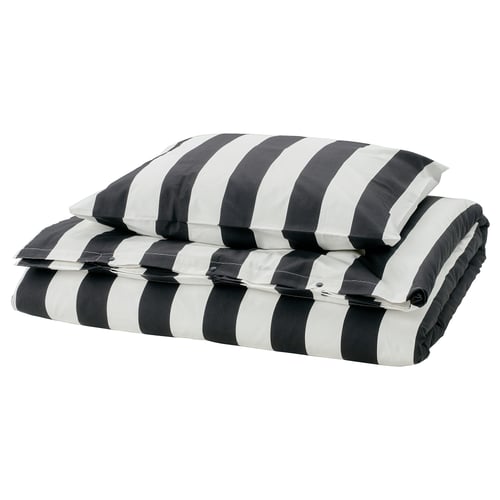 SLÅNHÖSTMAL Funda plumón con funda almohada, negro/blanco/rayas, 150x200/50x60 cm