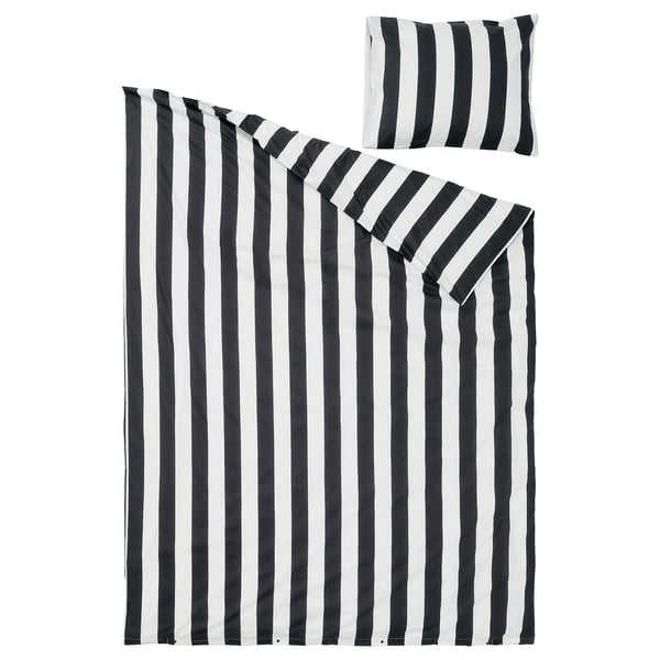 SLÅNHÖSTMAL Funda plumón con funda almohada, negro/blanco/rayas, 150x200/50x60 cm