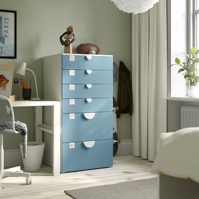SMÅSTAD / PLATSA Cómoda con 6 cajones, blanco/azul, 60x57x123 cm