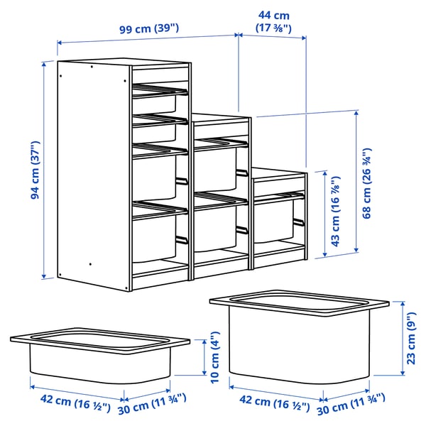 TROFAST Combinación de almacenaje con cajas, blanco blanco/multicolor, 99x44x94 cm