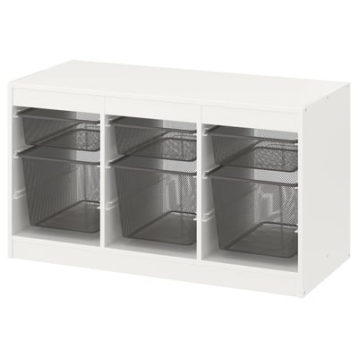 TROFAST Combinación de almacenaje con cajas, blanco/Gris oscuro, 99x44x56 cm