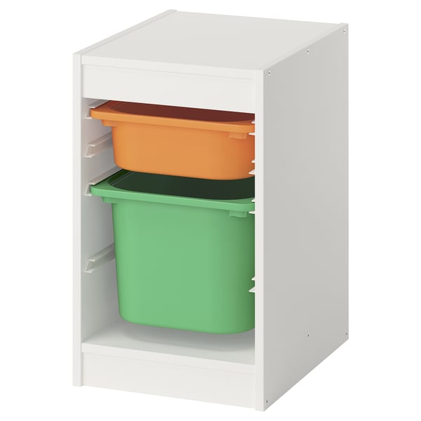 TROFAST Combinación de almacenaje con cajas, blanco/naranjo claro verde, 34x44x56 cm