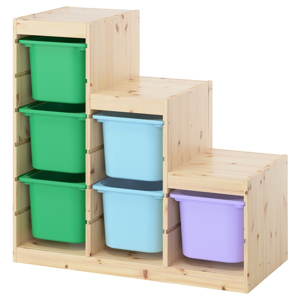 TROFAST Combinación de almacenaje con cajas, pino tte claro/multicolor, 94x44x91 cm
