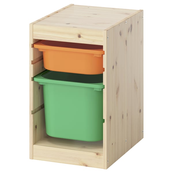 TROFAST Combinación de almacenaje con cajas, pino tte claro naranjo claro/verde, 32x44x52 cm