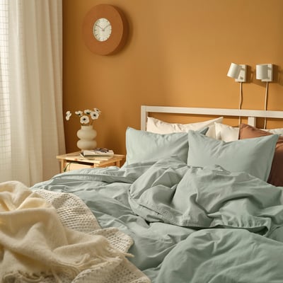 ÄNGSLILJA Funda plumón con 2 fundas almohada, gris con verde claro, 240x220/50x60 cm