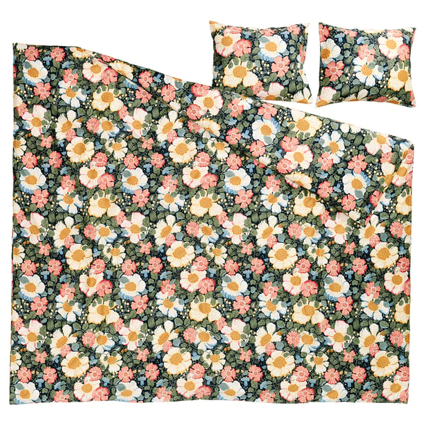 ARENBOK Funda plumón con 2 fundas almohada, azul oscuro/floral, 240x220/50x60 cm