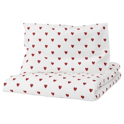 BARNDRÖM Funda plumón y funda almohada cuna, corazón/blanco rojo, 110x125/35x55 cm