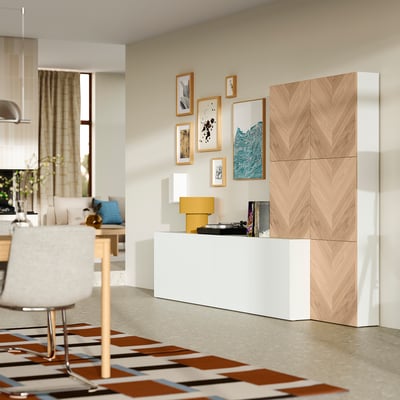 BESTÅ Mueble sala con puertas, blanco Lappviken/Hedeviken Roble, 300x42x193 cm