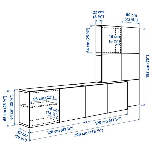BESTÅ Mueble sala con puertas, blanco Lappviken/Hedeviken Roble, 300x42x193 cm
