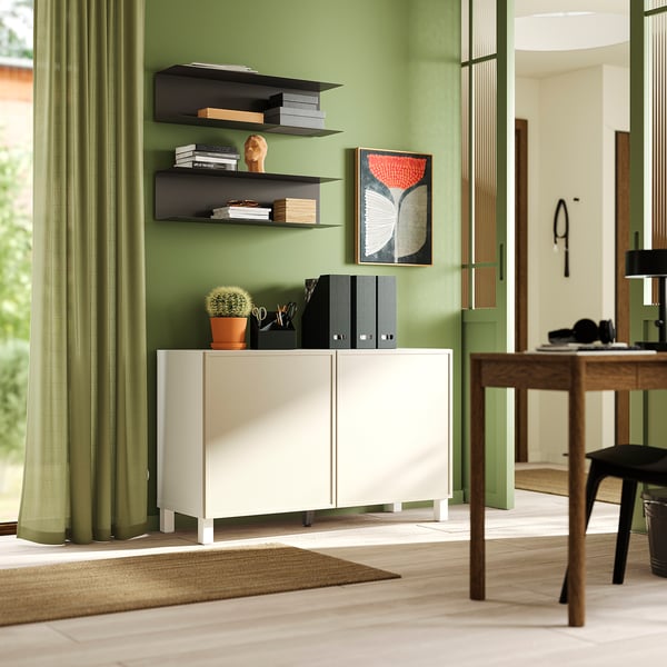 BESTÅ Mueble sala con puertas, Krukmakare beige/Stubbarp blanco, 120x42x74 cm