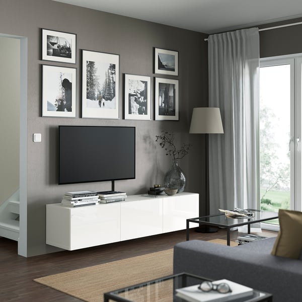 BESTÅ Mueble TV, blanco/Selsviken Alto brillo/blanco, 180x42x38 cm
