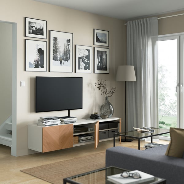 BESTÅ Mueble TV con puertas, blanco/Hedeviken Chapa de roble, 180x42x38 cm