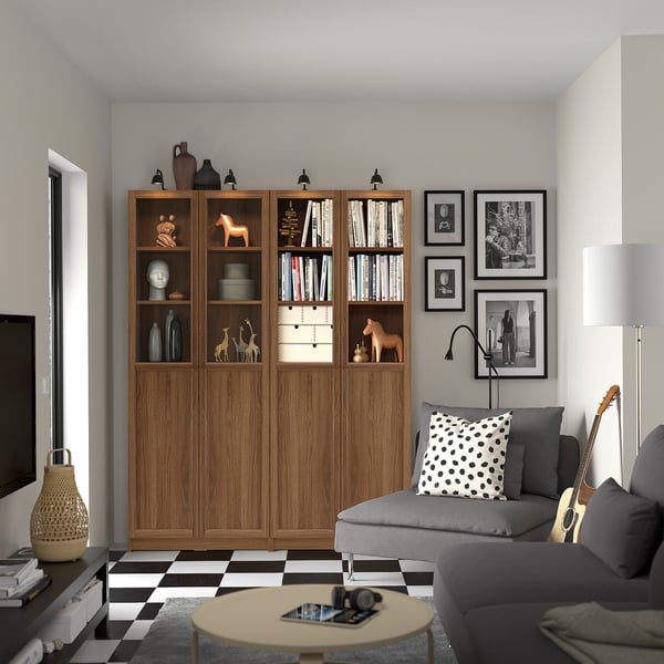 BILLY / OXBERG Combinación librería puertas vidrio, efecto nogal café, 160x30x202 cm