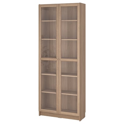 BILLY / OXBERG Librería con puertas de vidrio, Efecto roble, 80x30x202 cm