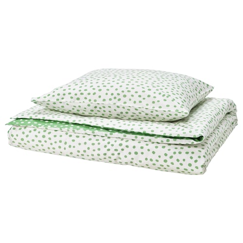 BJÖRKGRÅMAL Funda de plumón y funda almohada, verde blanco/Lunares, 150x200/50x60 cm