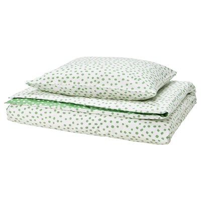 BJÖRKGRÅMAL Funda de plumón y funda almohada, verde blanco/Lunares, 150x200/50x60 cm