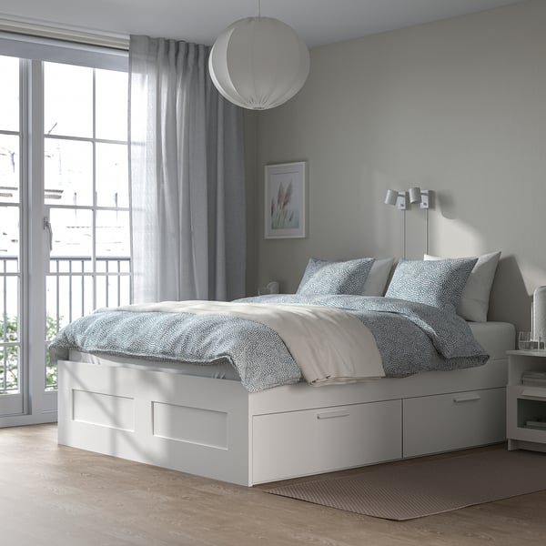 BRIMNES Estructura cama con almacenamiento, blanco/Lönset, 160x200 cm