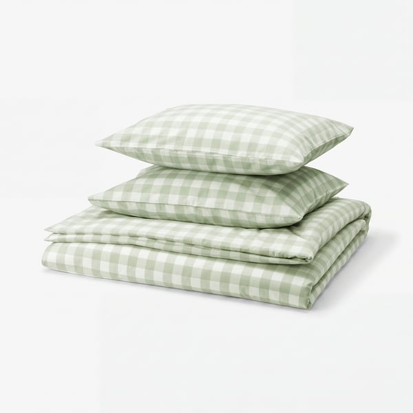 EKTANDVINGE Funda plumón con 2 fundas almohada, gris con verde claro blanco/A cuadros, 240x220/50x60 cm